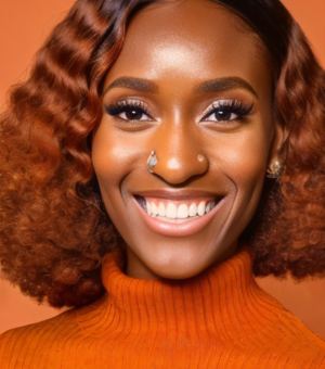 Yvonne Ile, smiling, with an orange background