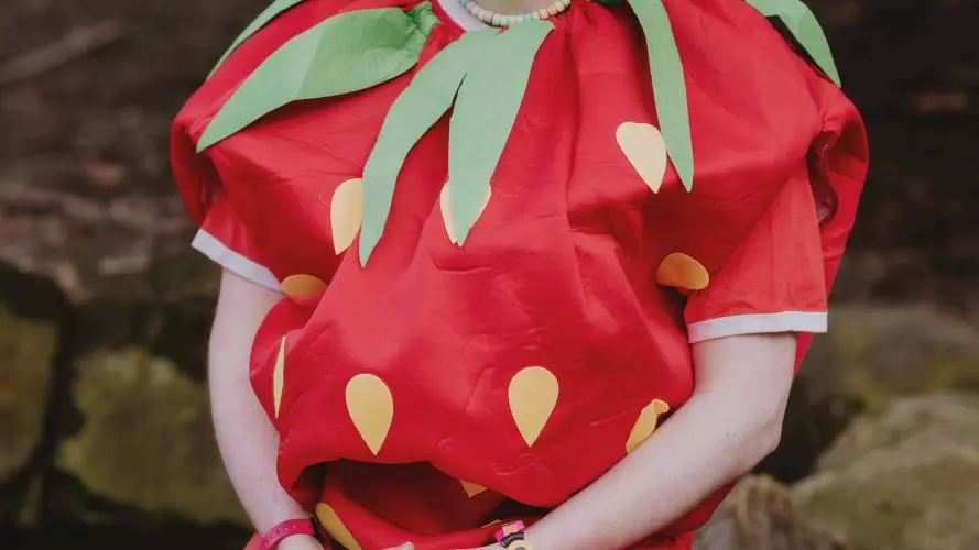 Alex Paxton dressed in a strawberry outfit